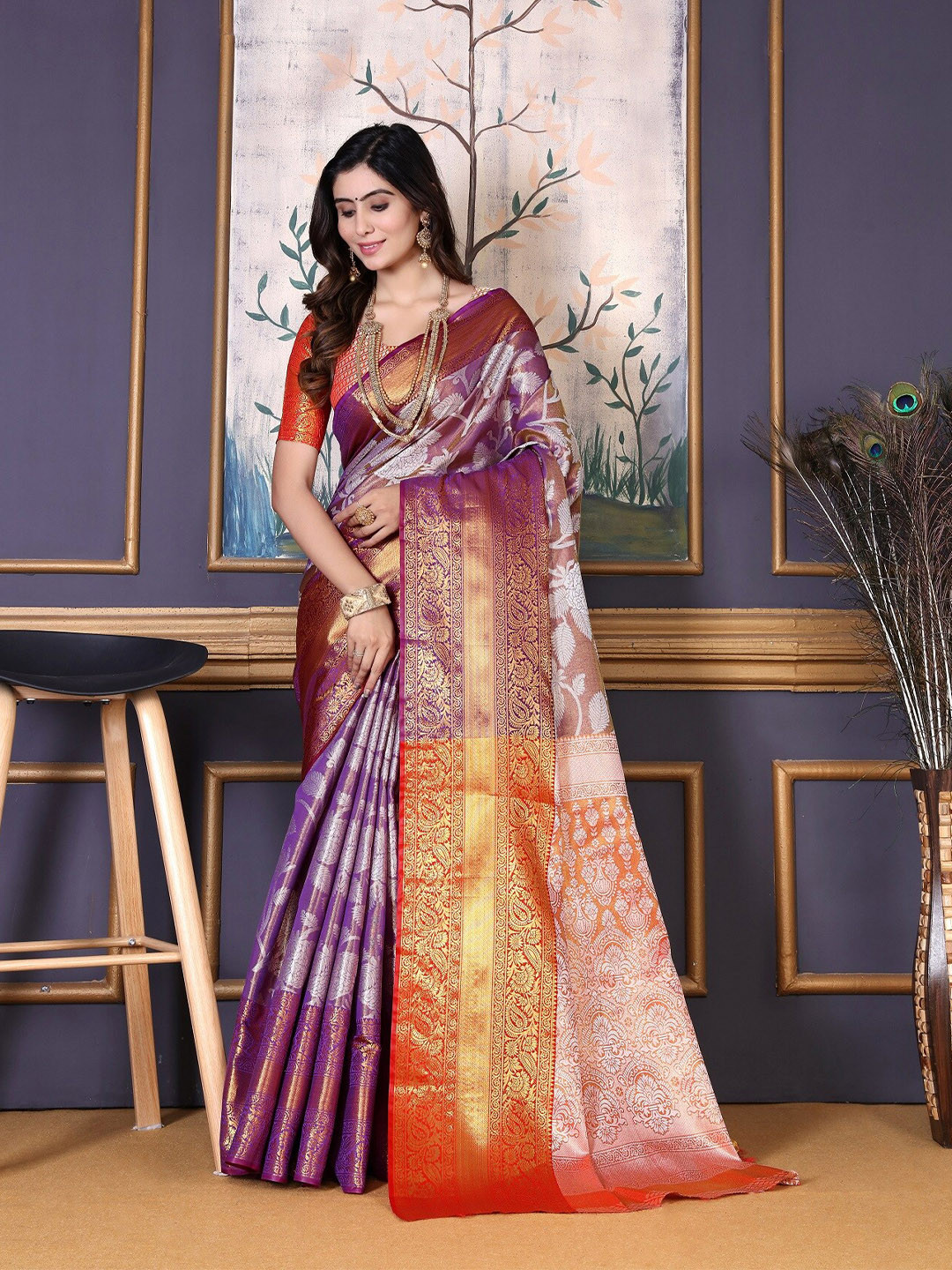 

jayant creation Ethnic Motifs Woven Design Zari Kanjeevaram Saree, Purple