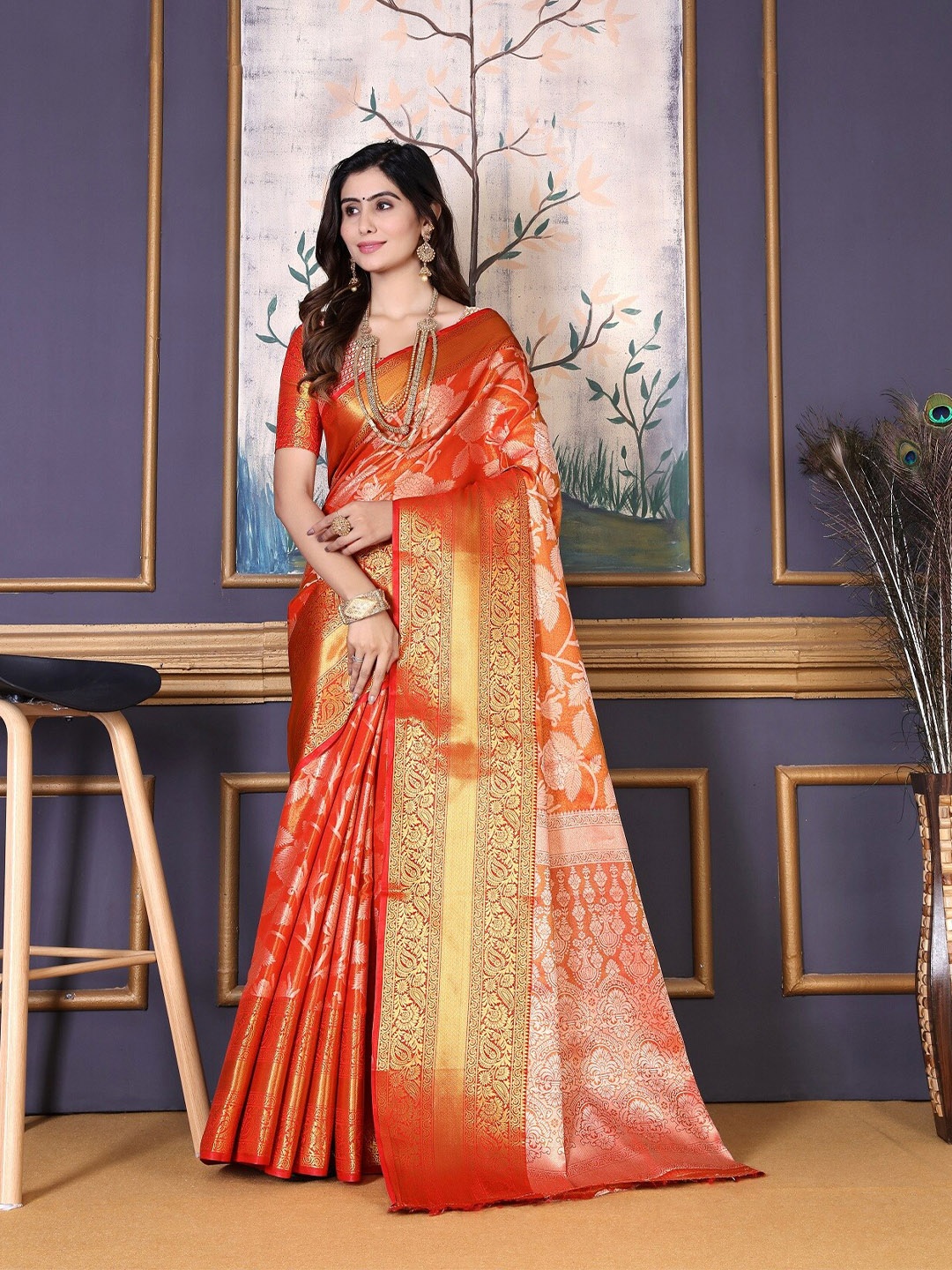

jayant creation Ethnic Motifs Woven Design Zari Kanjeevaram Saree, Orange