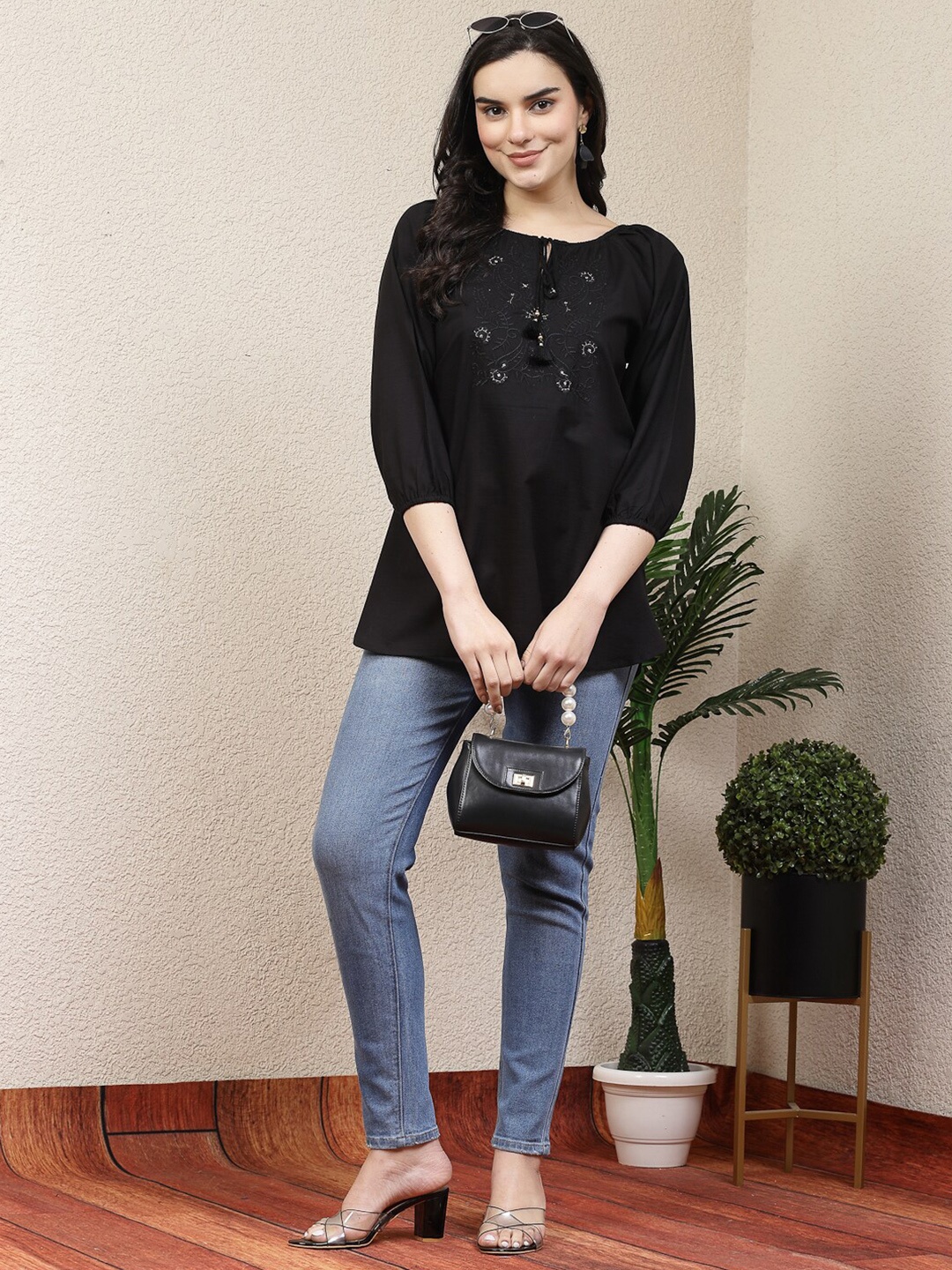 

Nayam By Lakshita Floral Embroidered Tie Up Neck Puff Sleeve Linen Top, Black