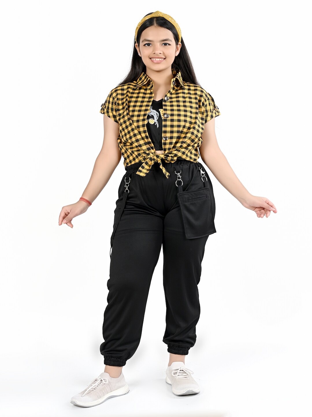 

BAESD Girls Printed Shoulder Straps Top With Joggers Trousers & Jacket, Yellow