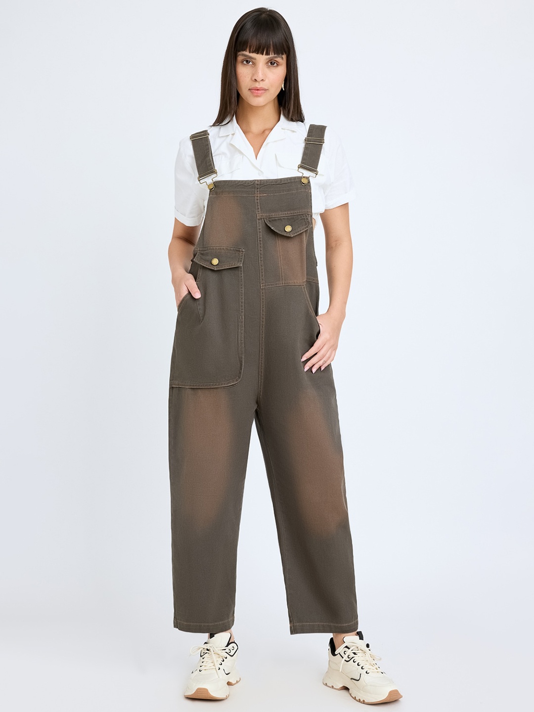 

FREAKINS Women Pure Cotton Straight Leg Dungaree, Brown