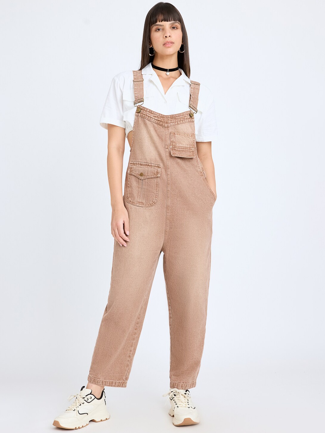 

FREAKINS Women Pure Cotton Straight Leg Dungaree, Brown