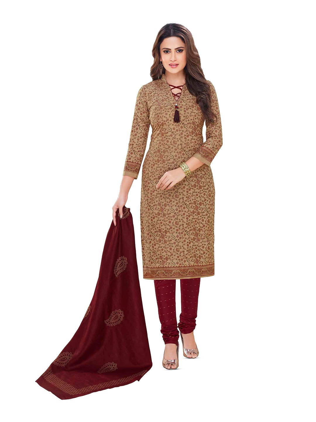 

MIRAAN Paisley Printed Pure Cotton Unstitched Dress Material, Brown