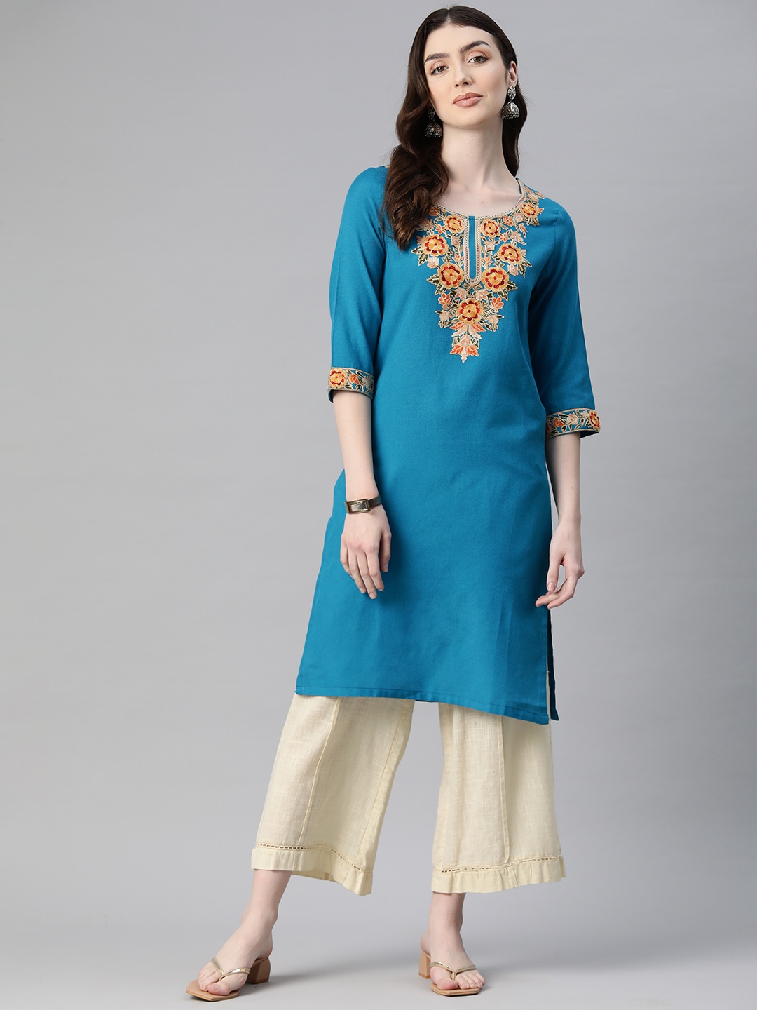 

SWI Stylish Women Floral Yoke Design Woollen Kurta, Turquoise blue