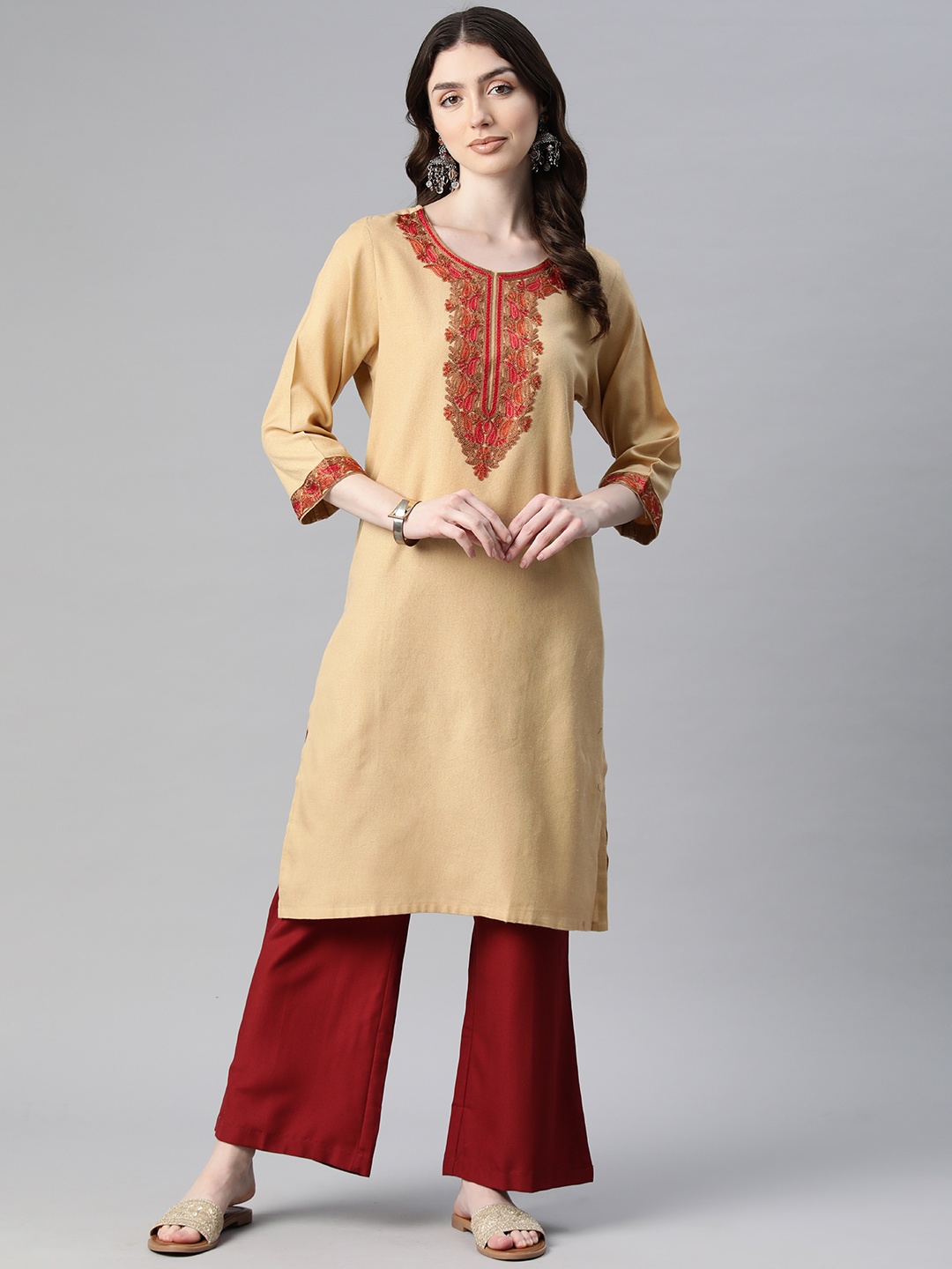 

SWI Stylish Women Ethnic Motifs Yoke Design Woollen Kurta, Beige