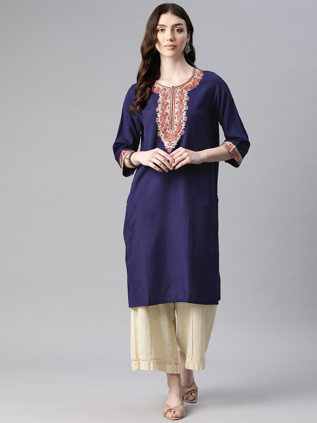 

SWI Stylish Women Floral Yoke Design Woollen Kurta, Navy blue