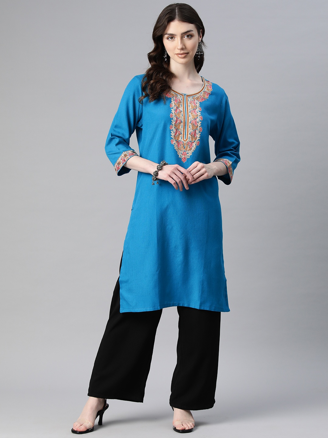 

SWI Stylish Women Floral Yoke Design Woollen Kurta, Turquoise blue