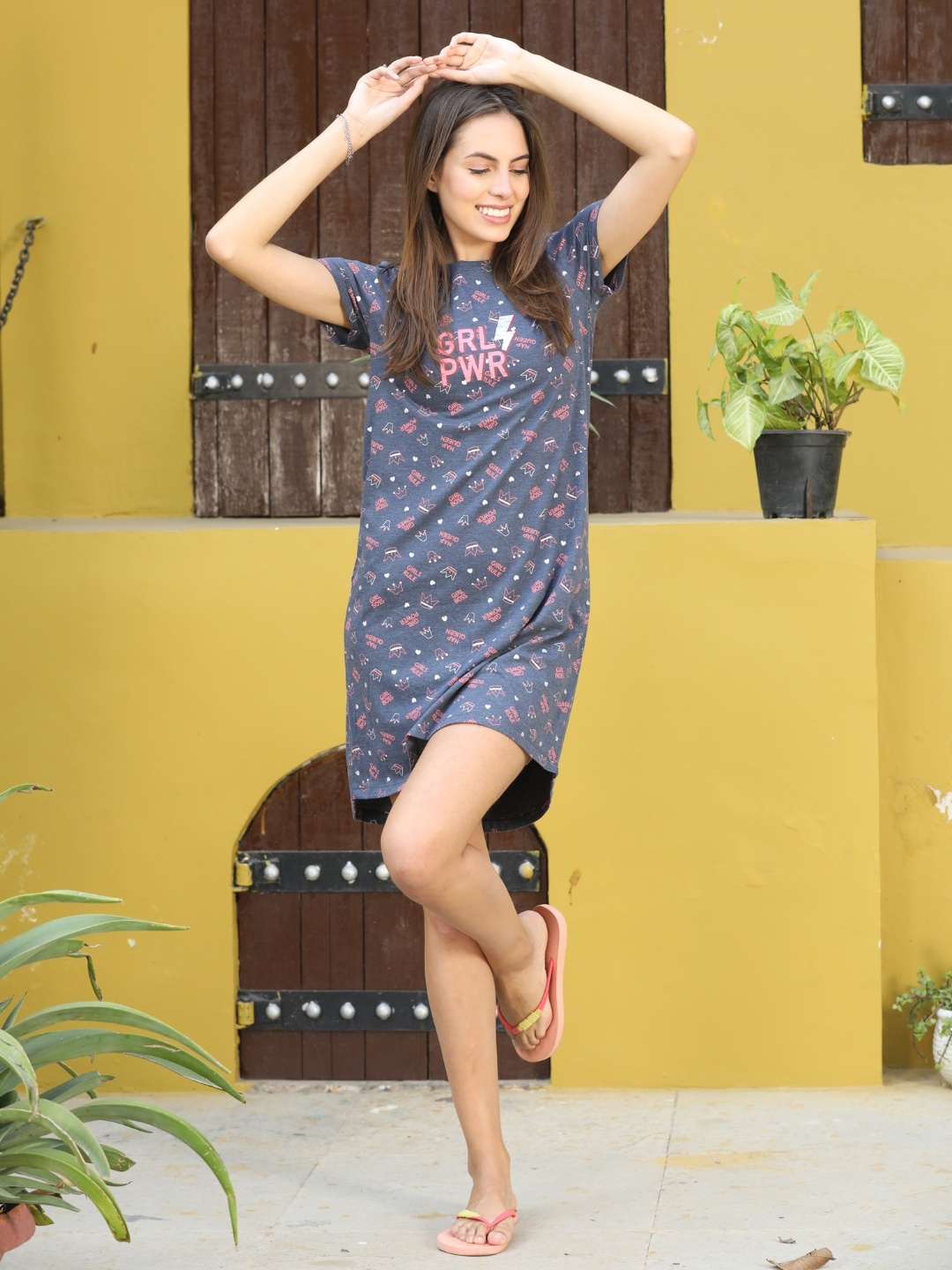

MAYSIXTY Typography Printed T-shirt Nightdress, Blue