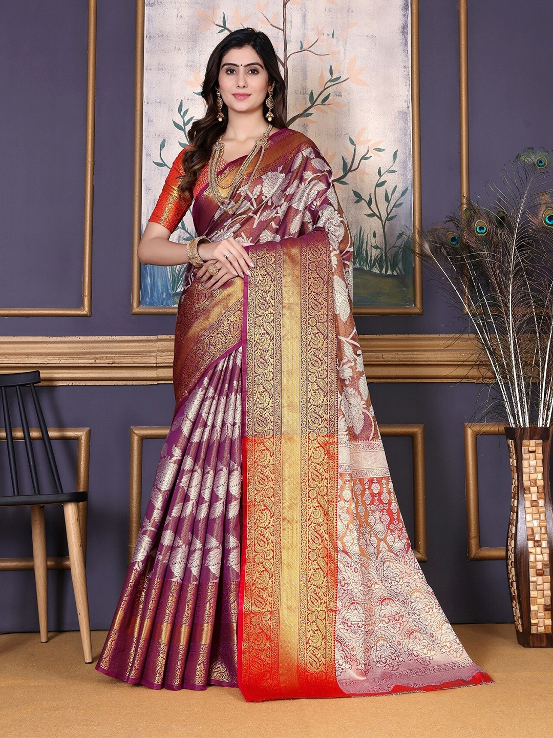 

AKSH FASHION Warli Zari Art Silk Kanjeevaram Saree, Magenta