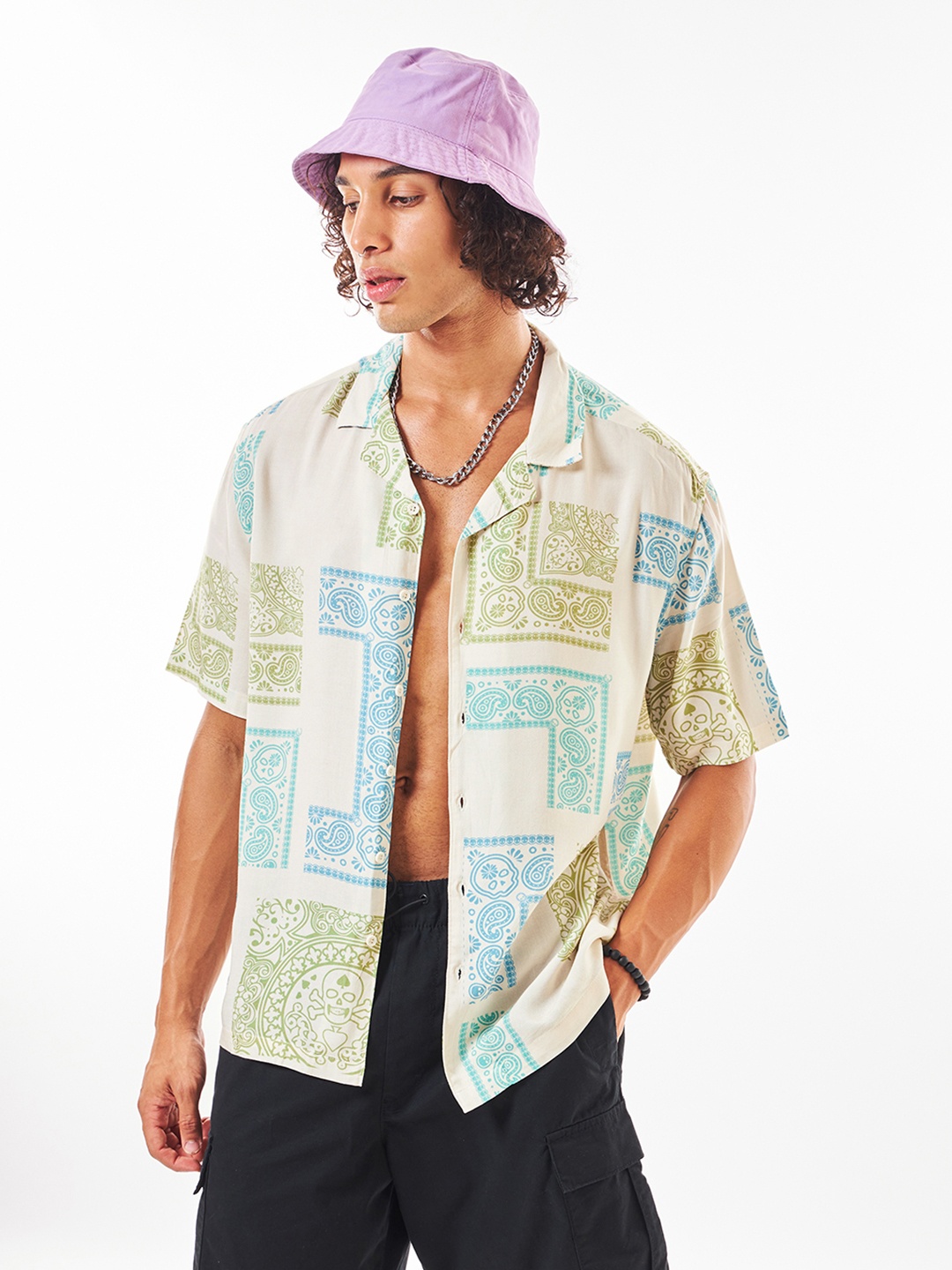 

Bewakoof Ethnic Motifs Printed Oversized Shirt, Beige