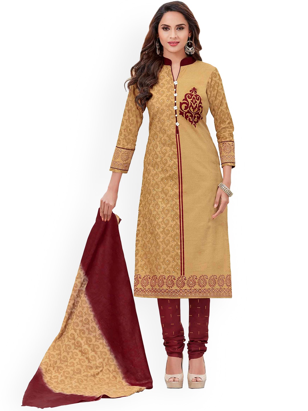 

MIRAAN Ethnic Motifs Printed Pure Cotton Kurta With Churidar & Dupatta, Beige