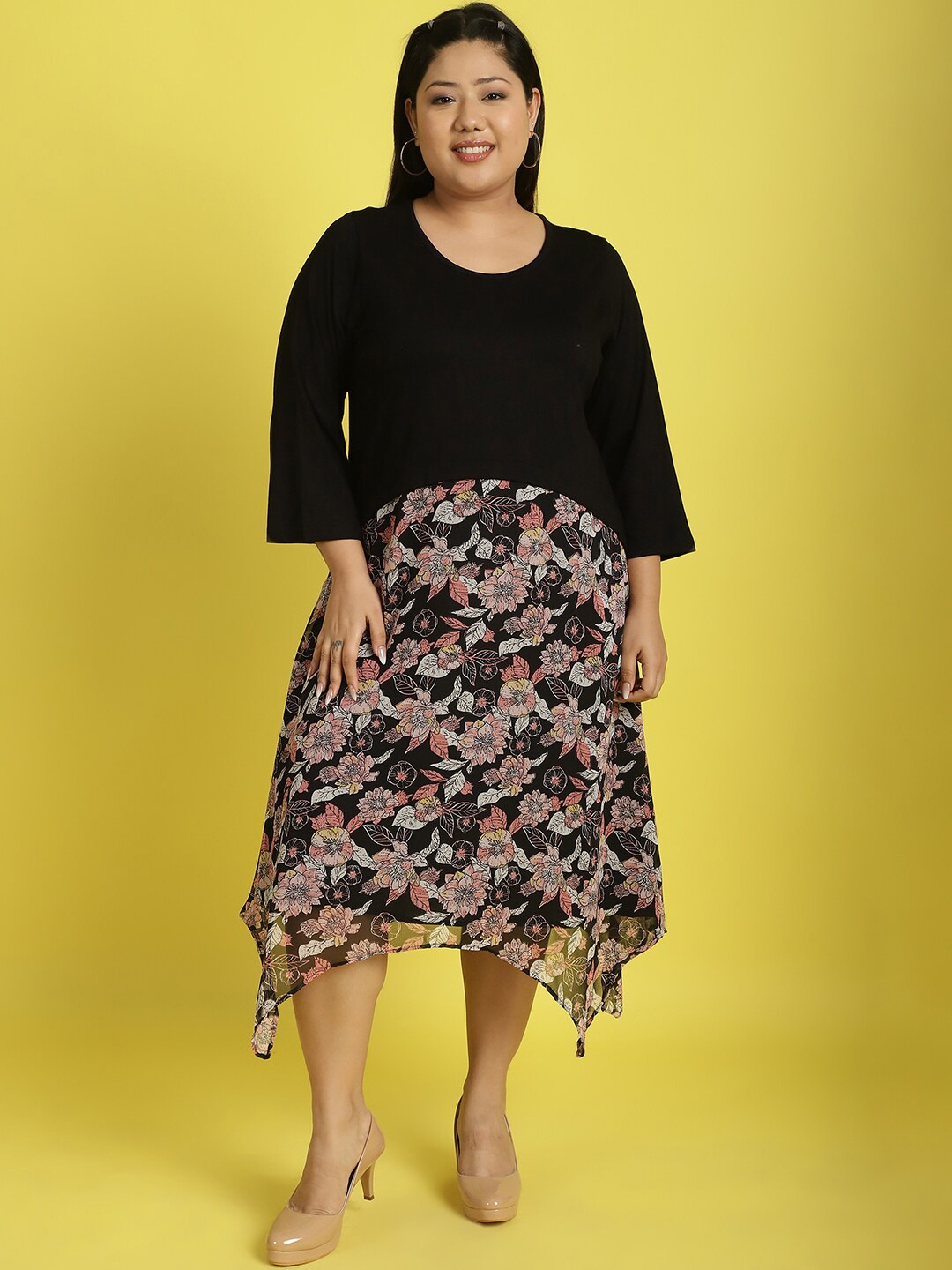

theRebelinme Plus Size Floral Printed Georgette A-Line Dress, Black