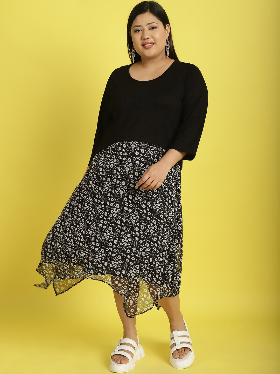 

theRebelinme Plus Size Floral Printed Georgette A-Line Dress, Black