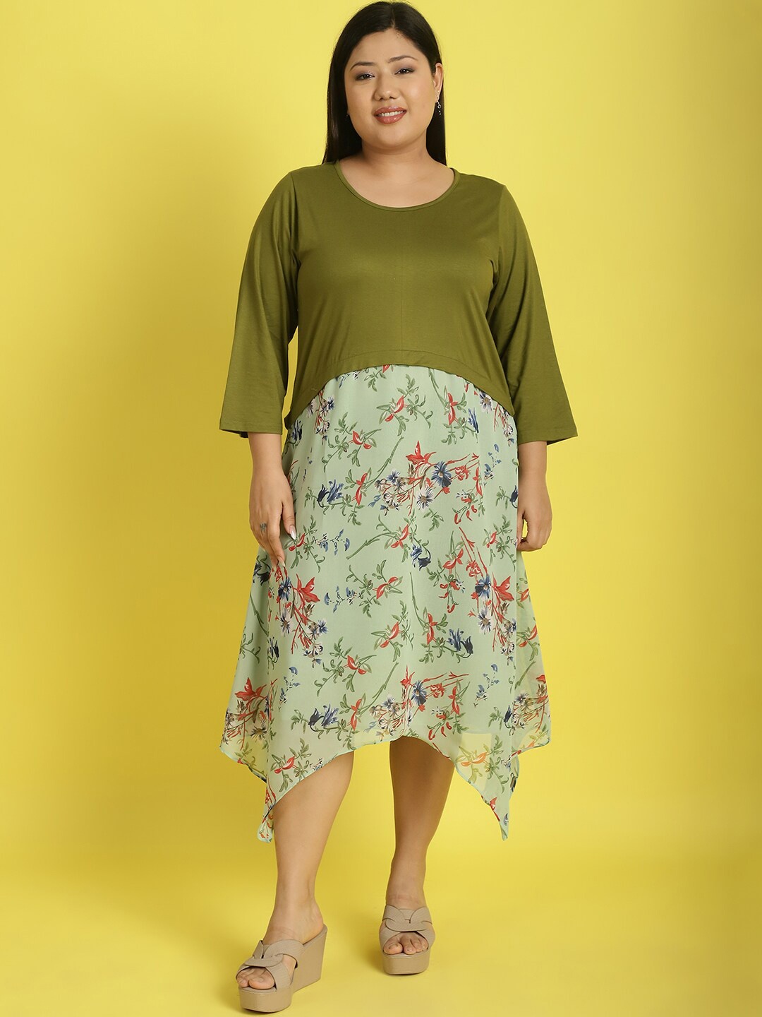 

theRebelinme Plus Size Floral Printed Georgette A-Line Dress, Green