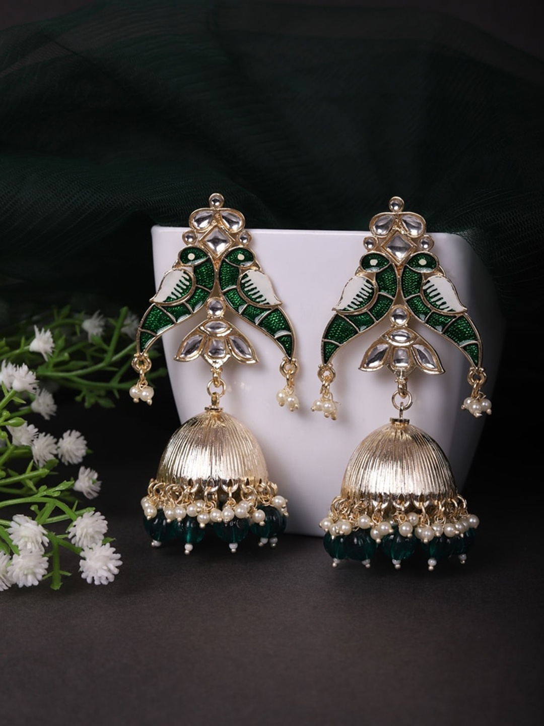 

Cierra Gold-Plated Peacock Shaped Pearl Stone-Studded Jhumkas