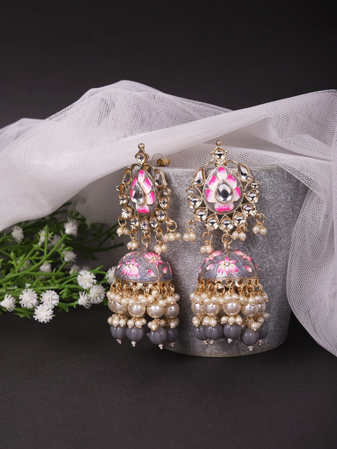 

Cierra Gold Plated Artificial Stones and Beads Studded Jhumki, Grey