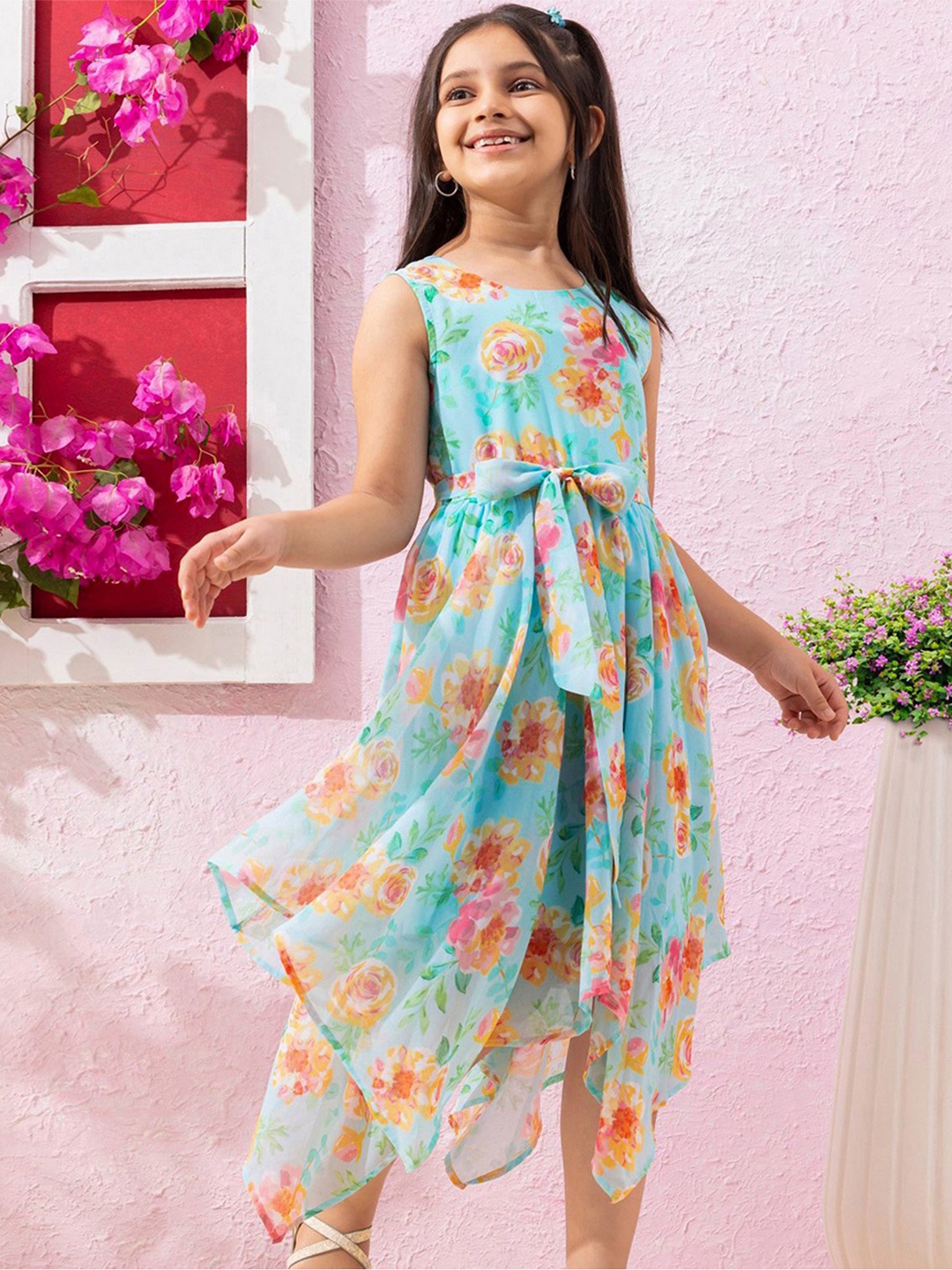 

Hola Bonita Girls Floral Printed Asymmetric Georgette Fit & Flare Maxi Dress, Sea green
