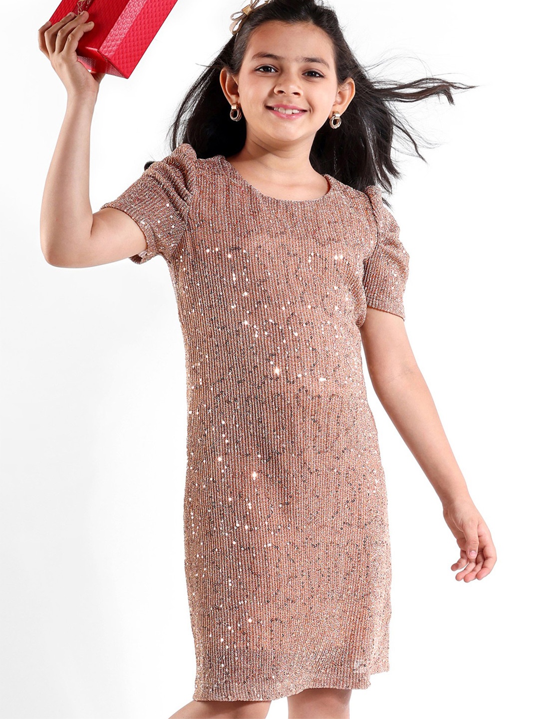 

Hola Bonita Girls Embellished Puff Sleeves Sheath Dress, Gold