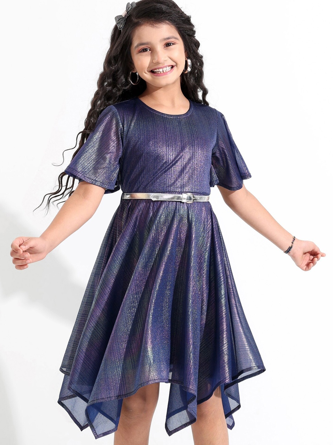 

Hola Bonita Girls Self Design Fit & Flare Dress With Belt, Navy blue