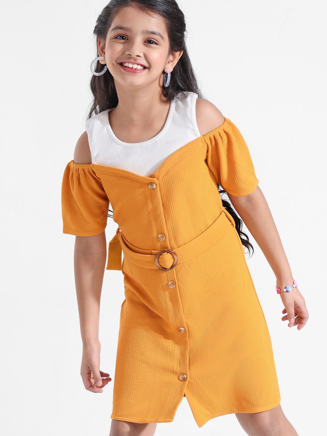 

Hola Bonita Girls Colourblocked Cold-Shoulder A-Line Dress With Belt, Mustard