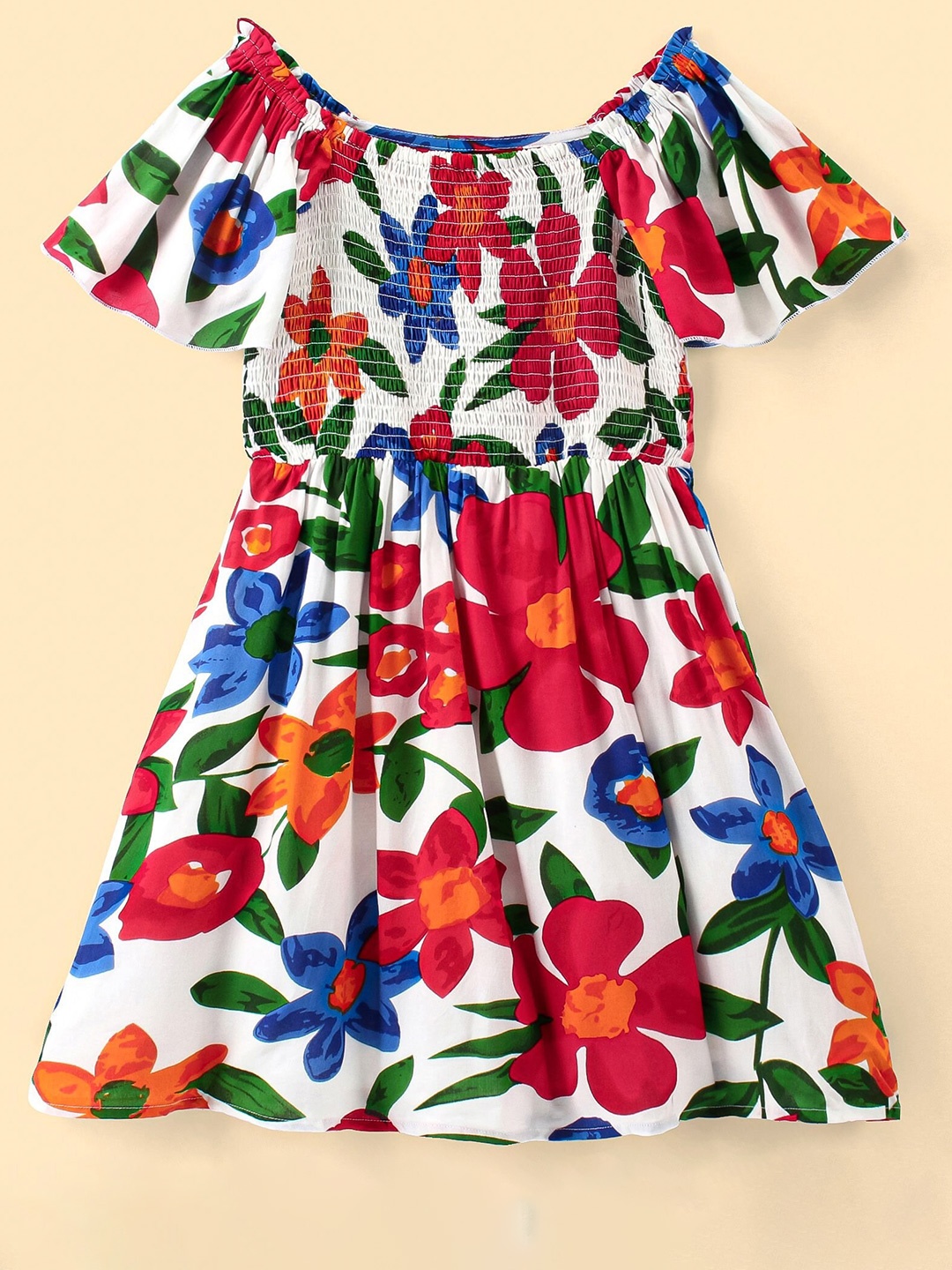 

Hola Bonita Girls Floral Printed Flared Sleeve Smocked Fit & Flare Dress, White