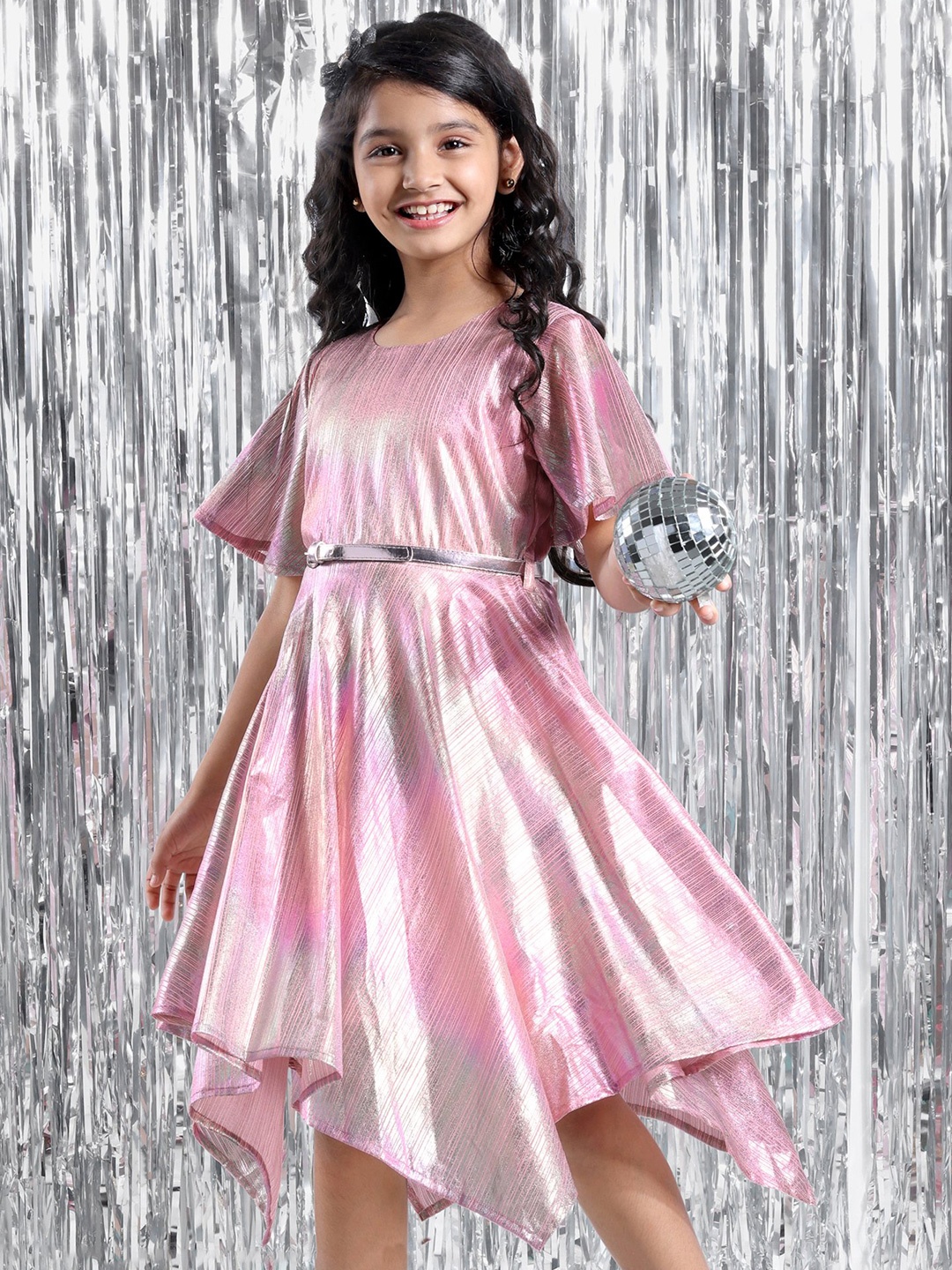

Hola Bonita Girls Striped Flared Sleeve Fit & Flare Dress, Pink