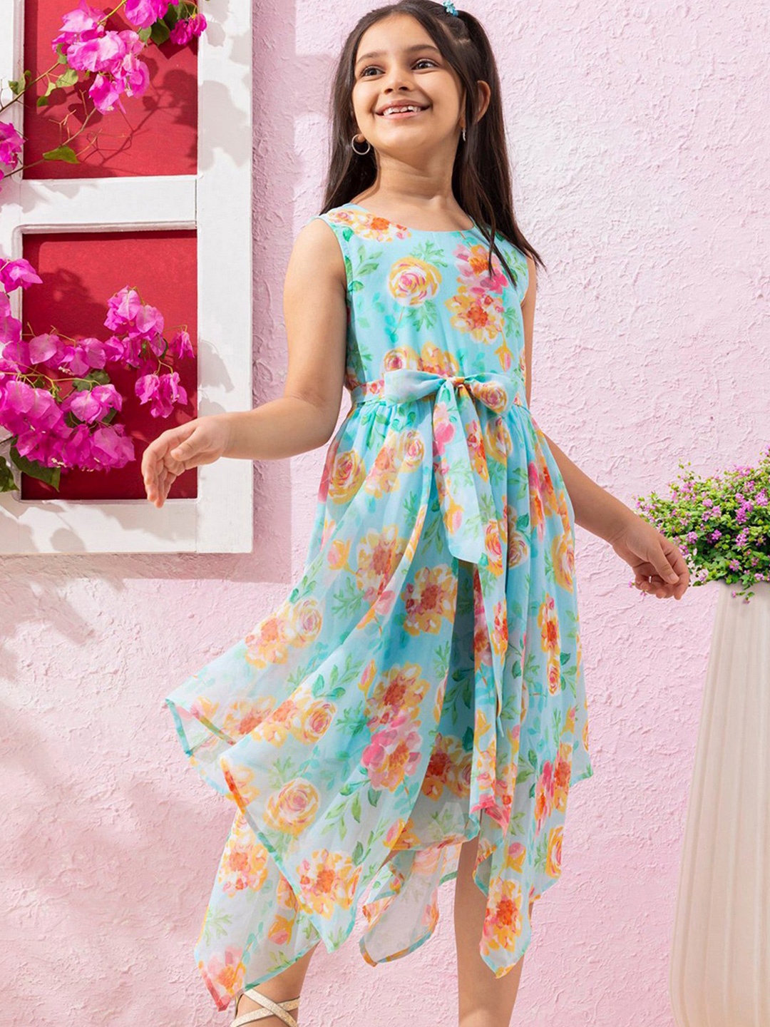 

Hola Bonita Girls Floral Printed Tie-Ups Fit & Flare Dress With Belt, Sea green