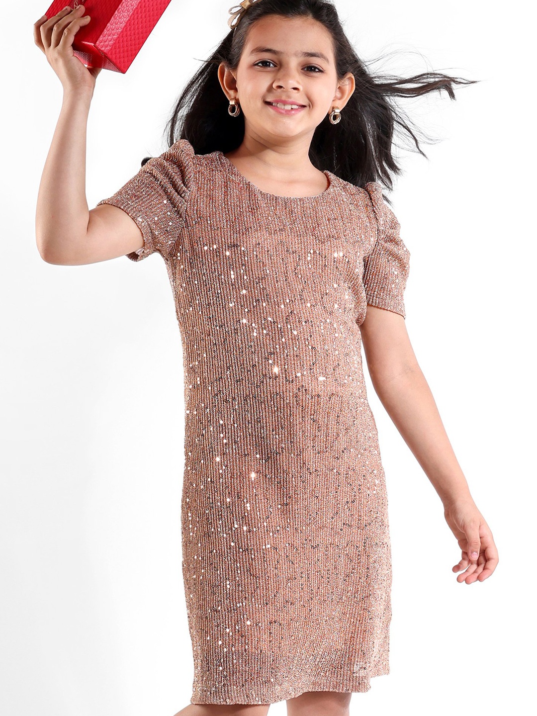 

Hola Bonita Girls Embellished Sequined Sheath Dress, Gold