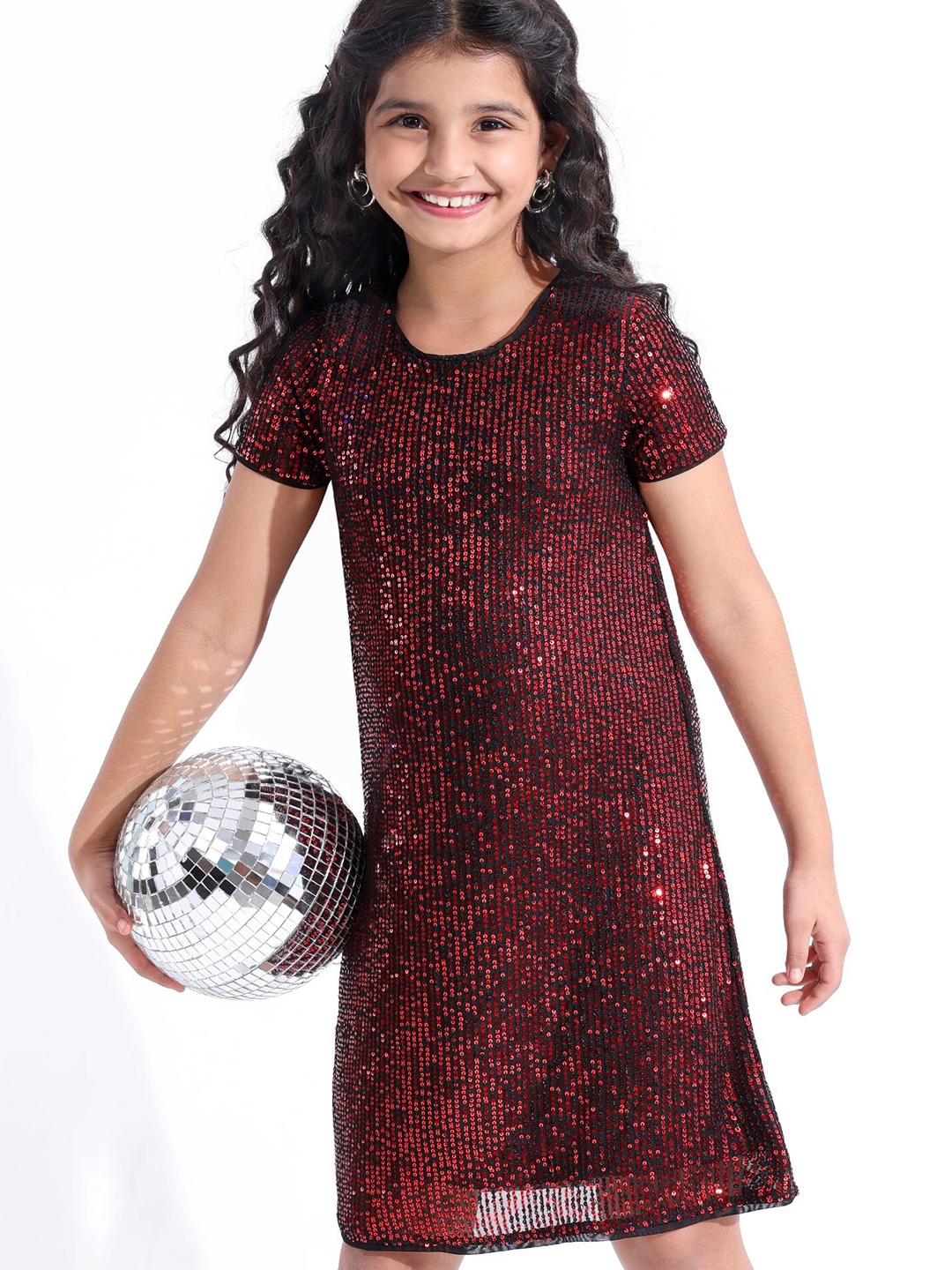 

Hola Bonita Girls Embellished Sequined A-Line Dress, Red