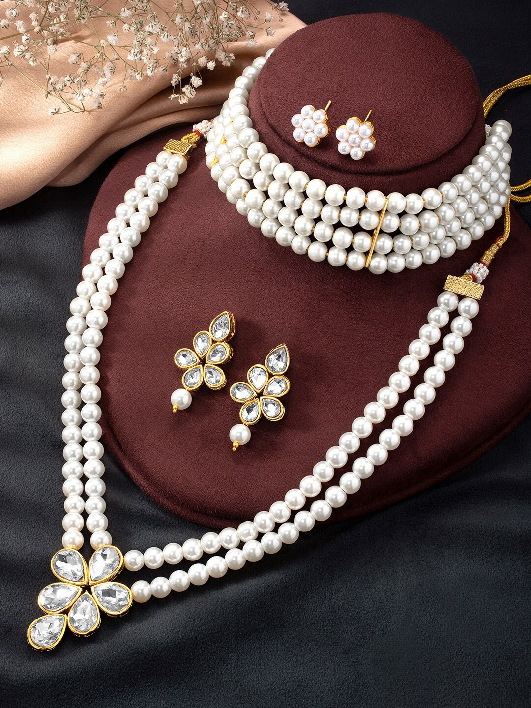 

Peora Set Of 2 Gold-Plated Crystal-Studded & Beads Beaded Necklace With Earrings