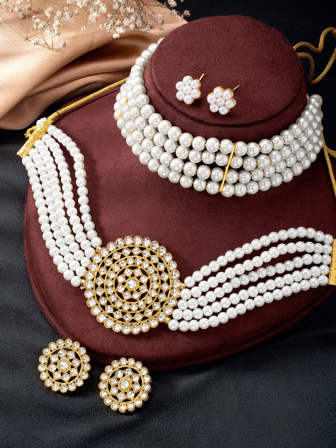 

Peora Set Of 2 Gold-Plated Crystal-Studded & Beads Beaded Necklace With Earrings