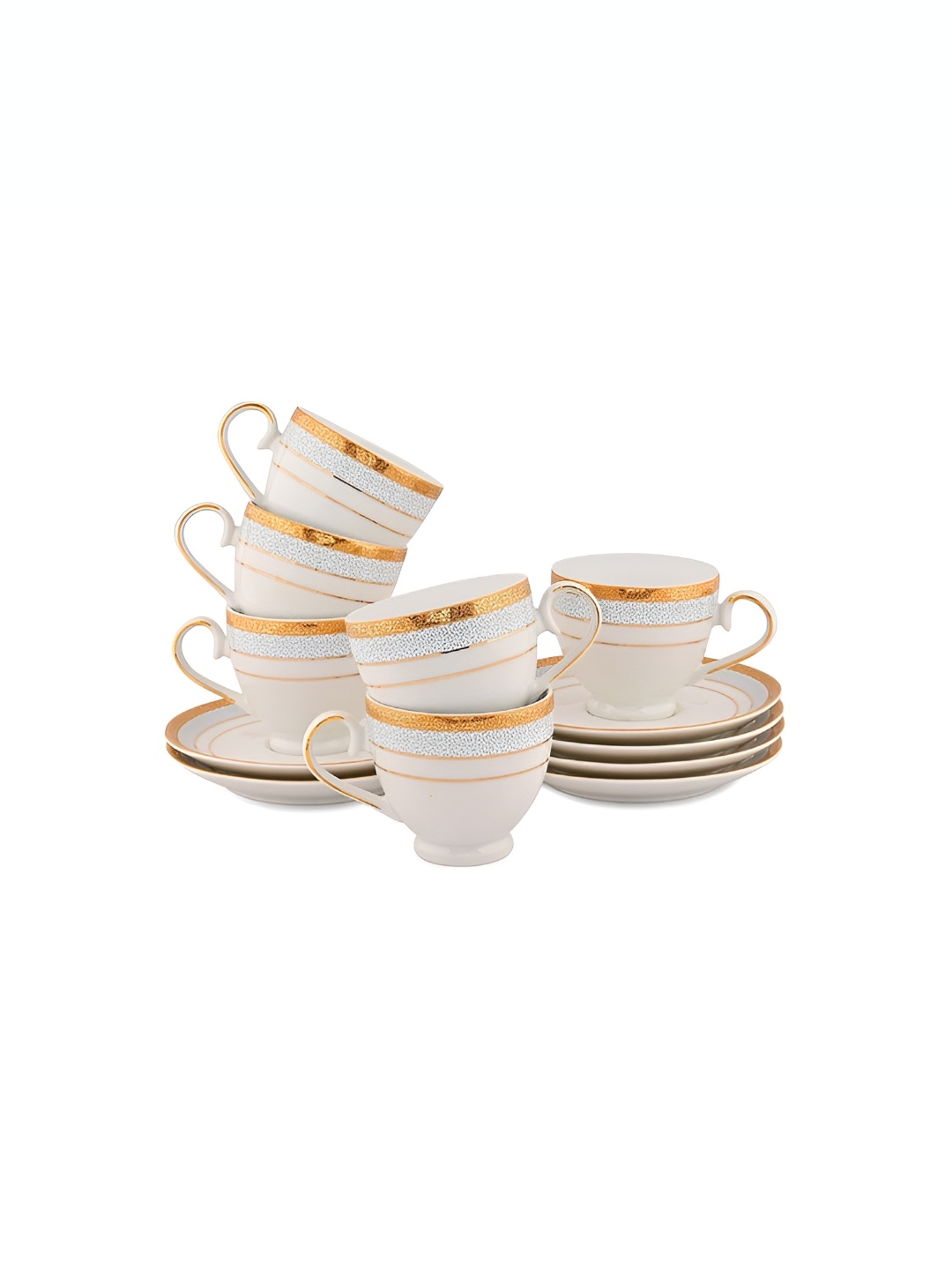 

Hitkari White & Gold Toned 12 Pieces Printed Porcelain Glossy Cups and Saucers Set