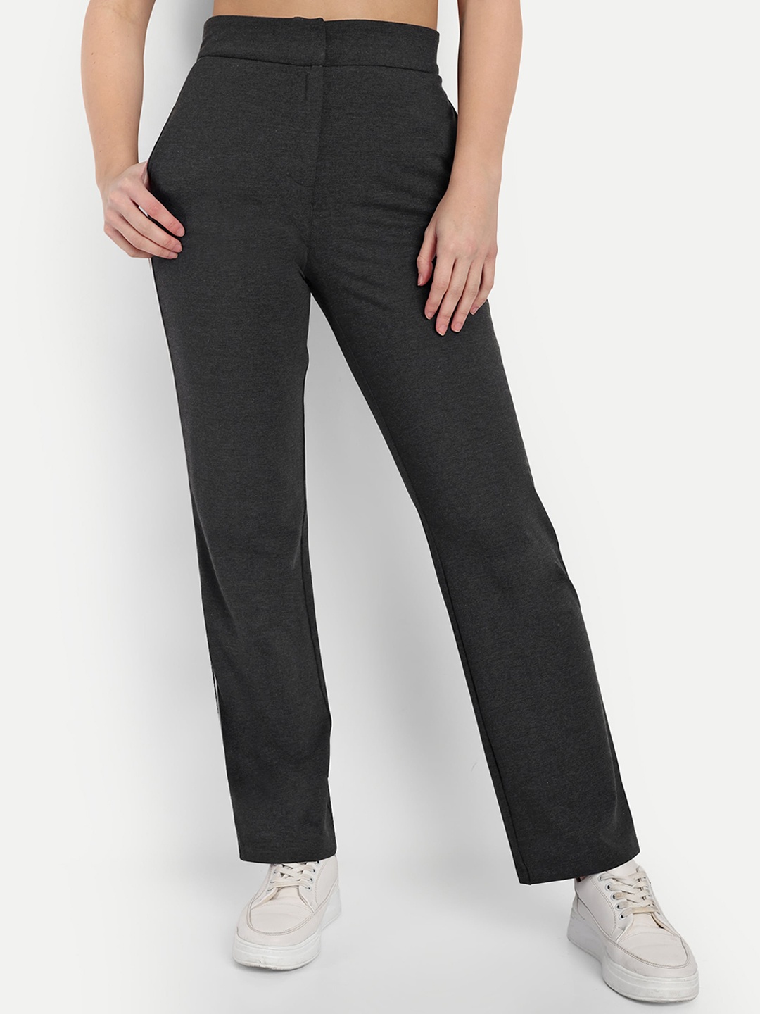 

PANDORNA Women Relaxed Cotton High-Rise Trousers, Grey