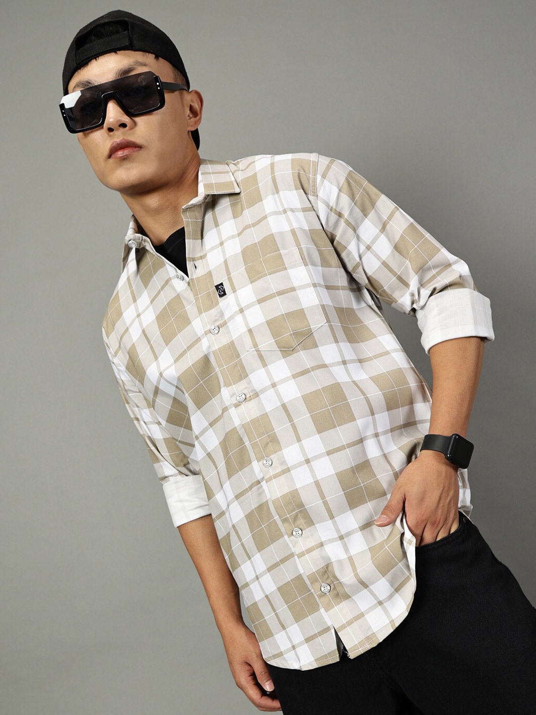 

Rodzen Classic Slim Fit Tartan Checked Cotton Casual Shirt, Brown