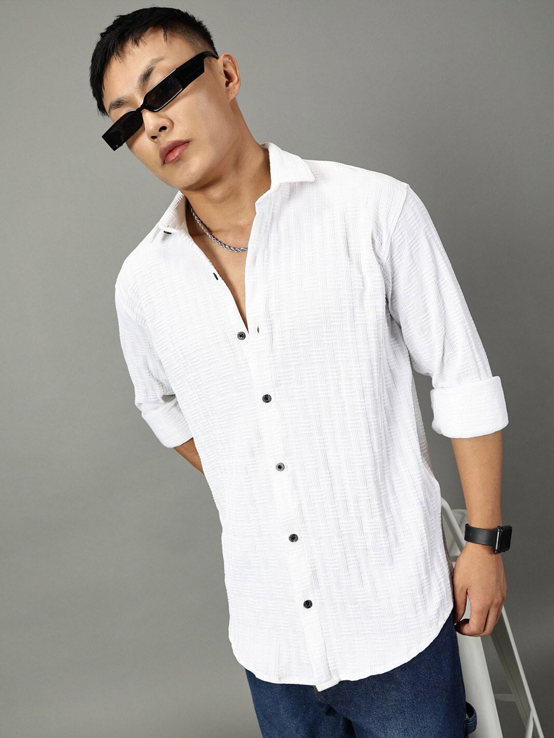 

Rodzen Classic Slim Fit Textured Cotton Casual Shirt, White