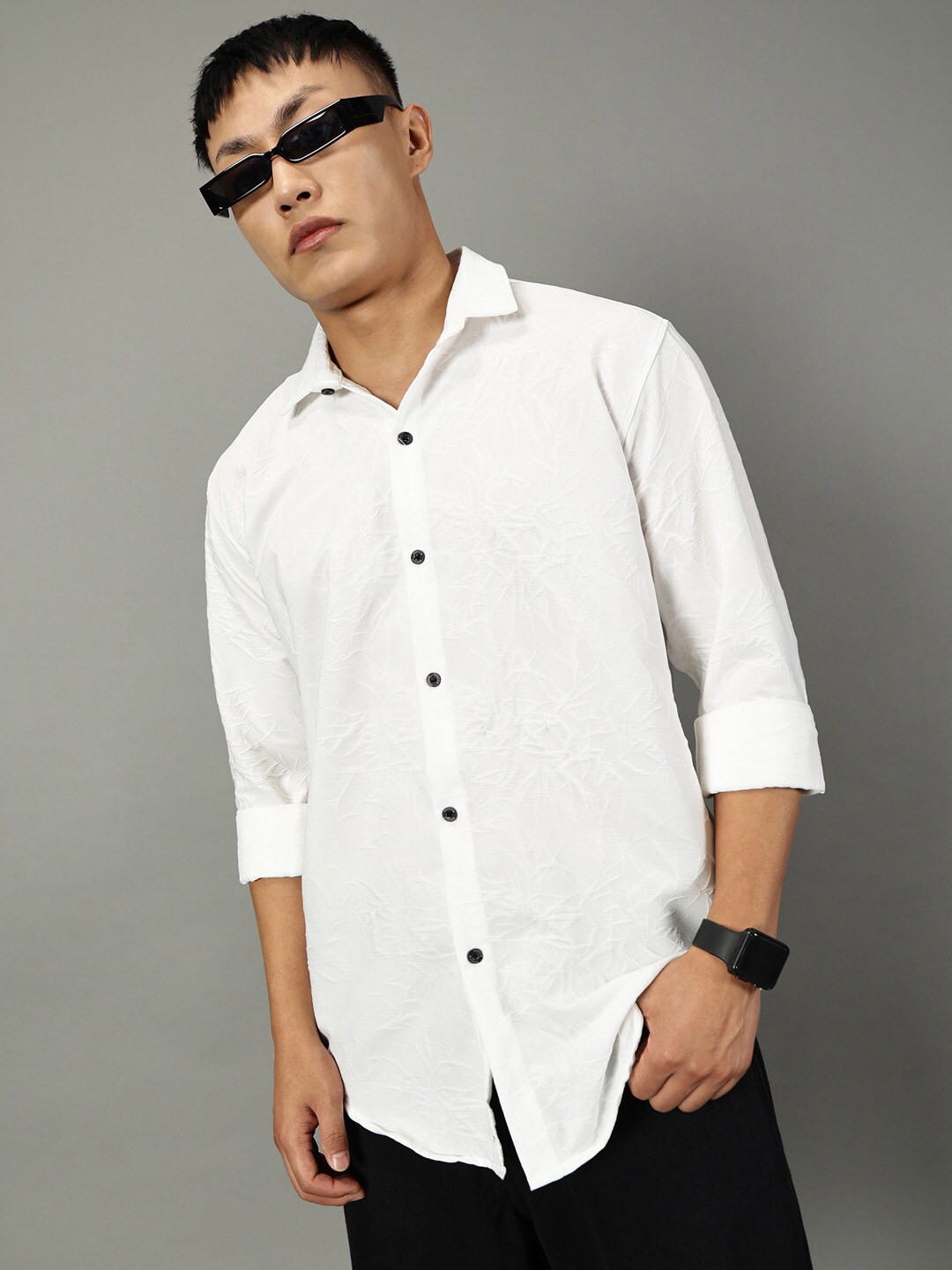 

Rodzen Classic Slim Fit Textured Cotton Casual Shirt, White