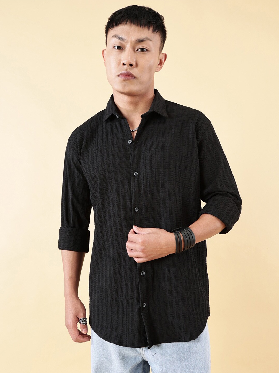 

Rodzen Men Classic Slim Fit Opaque Casual Shirt, Black