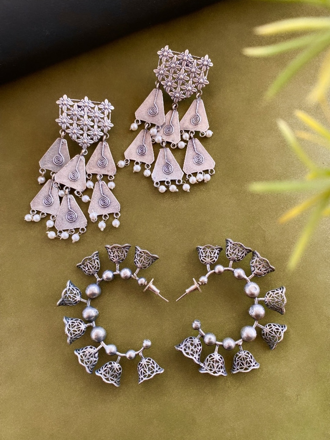 

ATIBELLE Set Of 2 German Silver Plated Beaded Classic Drop & Hoop Earrings
