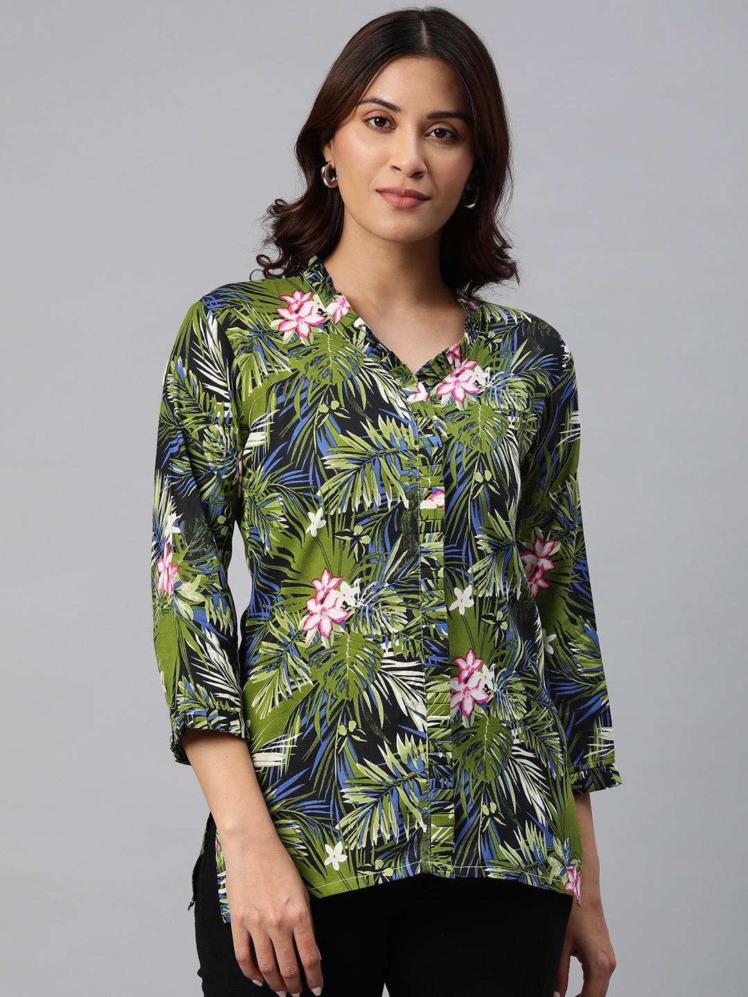 

One Femme Floral Print Tropical Shirt Style Top, Green