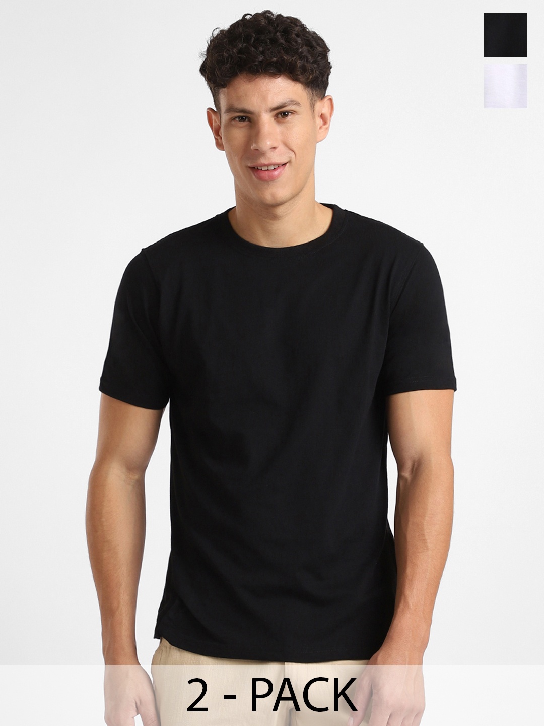 

NOBERO Pack Of 2 Cotton Regular Fit T-Shirts, Black