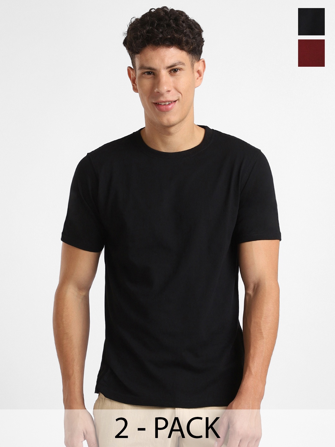 

NOBERO Pack Of 2 Cotton Regular Fit T-Shirts, Black