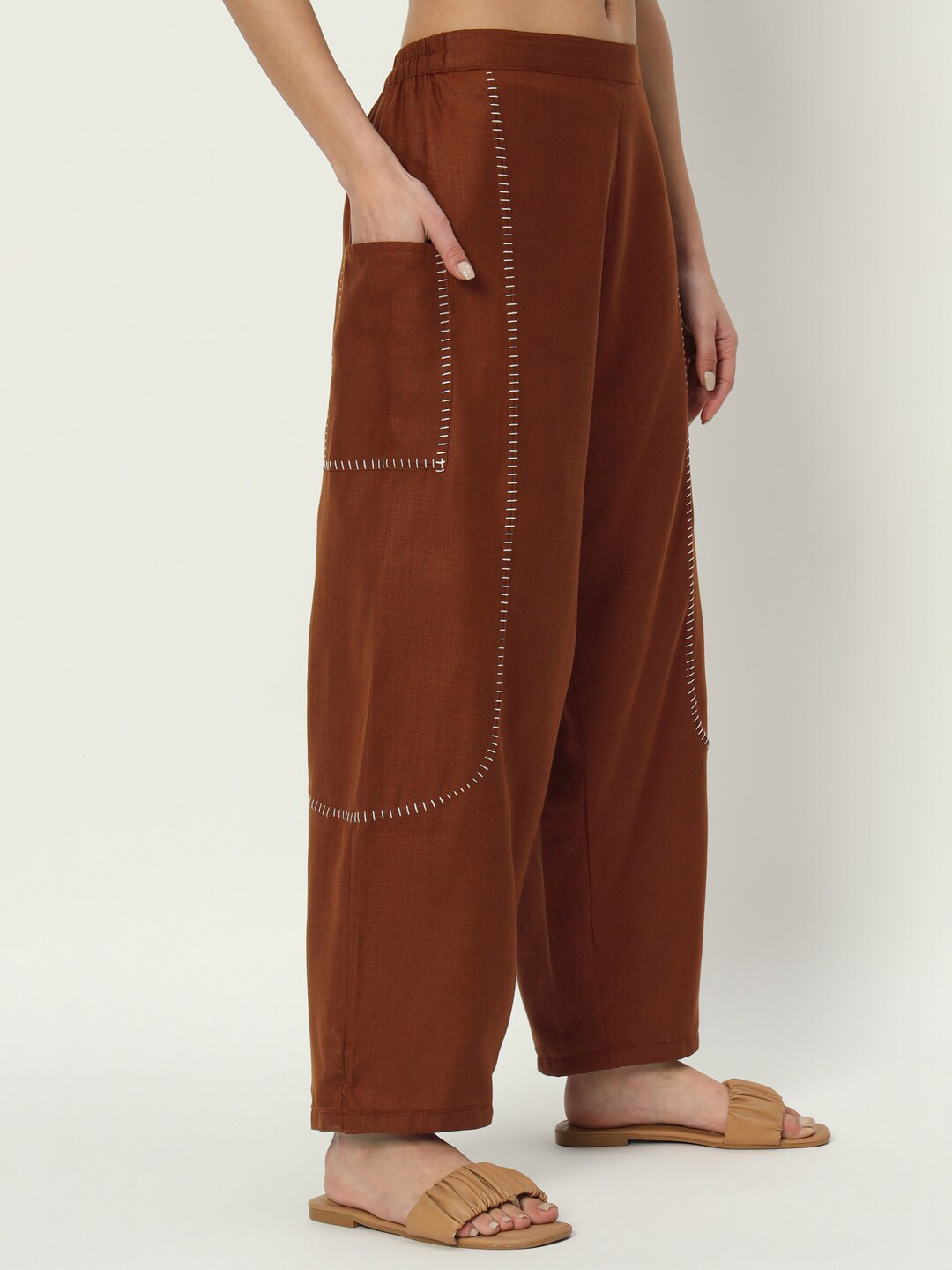 

9rasa Women Cotton Straight Palazzos, Brown