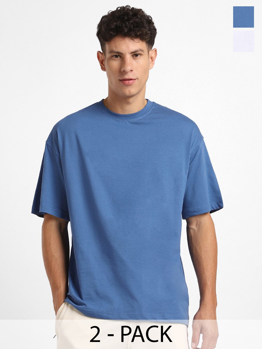 

NOBERO Men Pack of 2 Oversized Round Neck Solid Cotton T-shirt, White