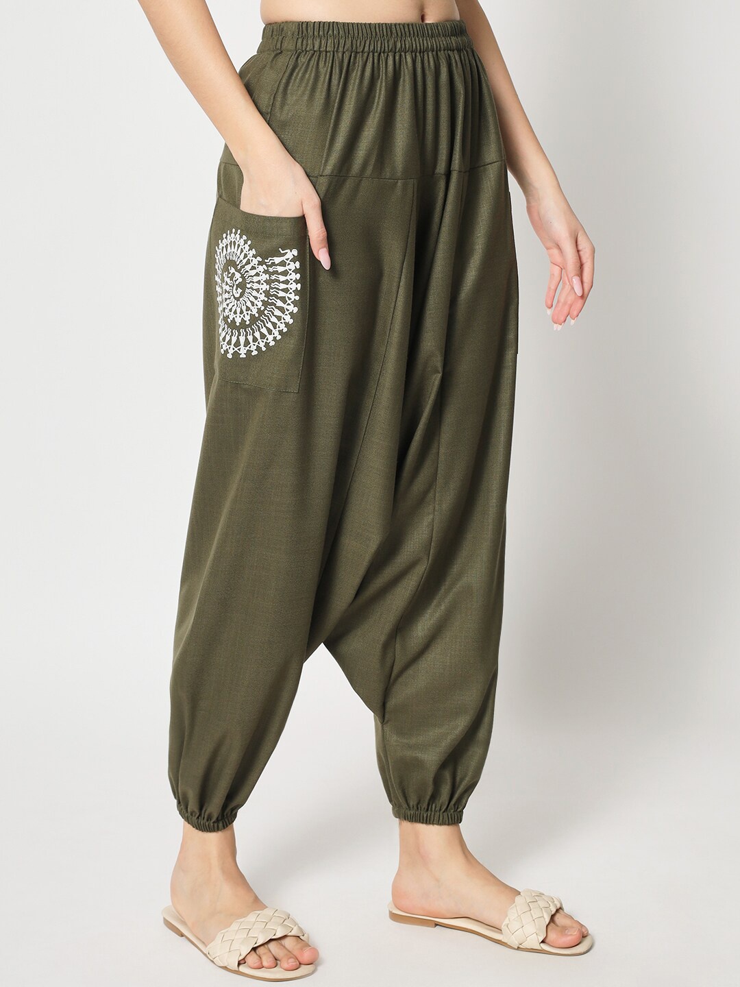 

9rasa Women Warli Block Printed Loose Fit Pure Cotton Drop-Crotch High-Rise Harem Pants, Olive