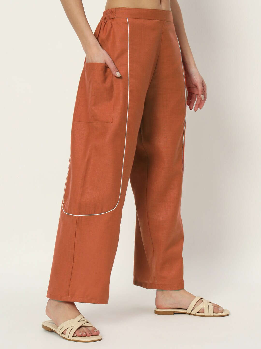 

9rasa Women Cotton Straight Palazzos, Rust