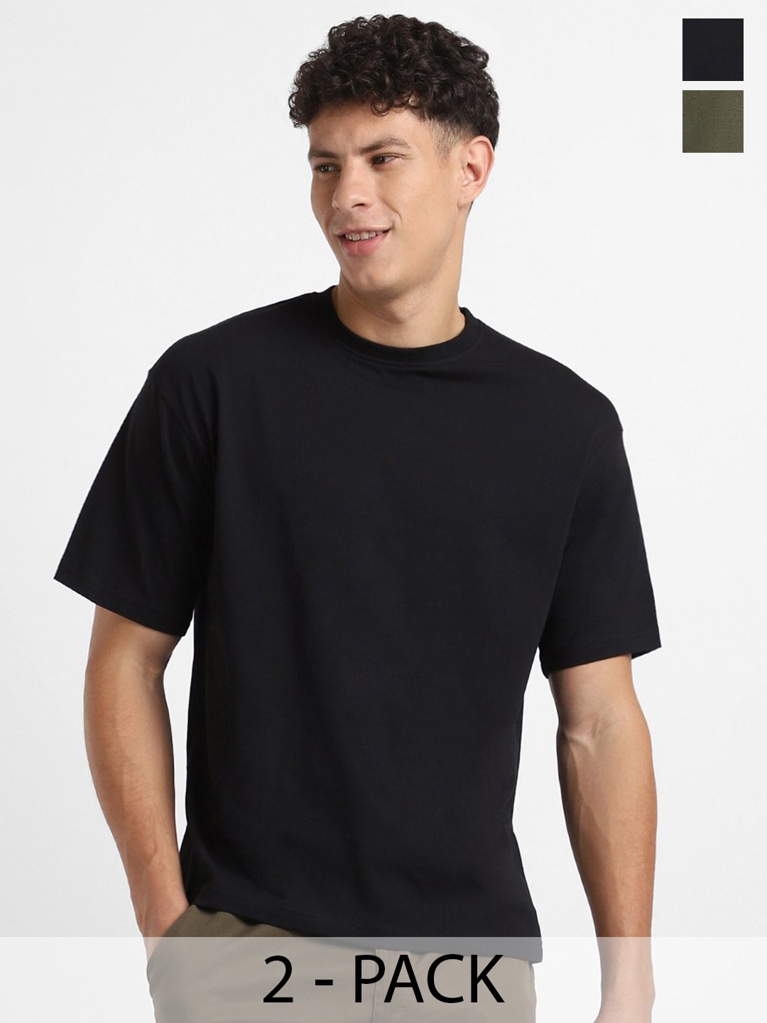 

NOBERO Men Pack of 2 Oversized Round Neck Solid Cotton T-shirt, Olive