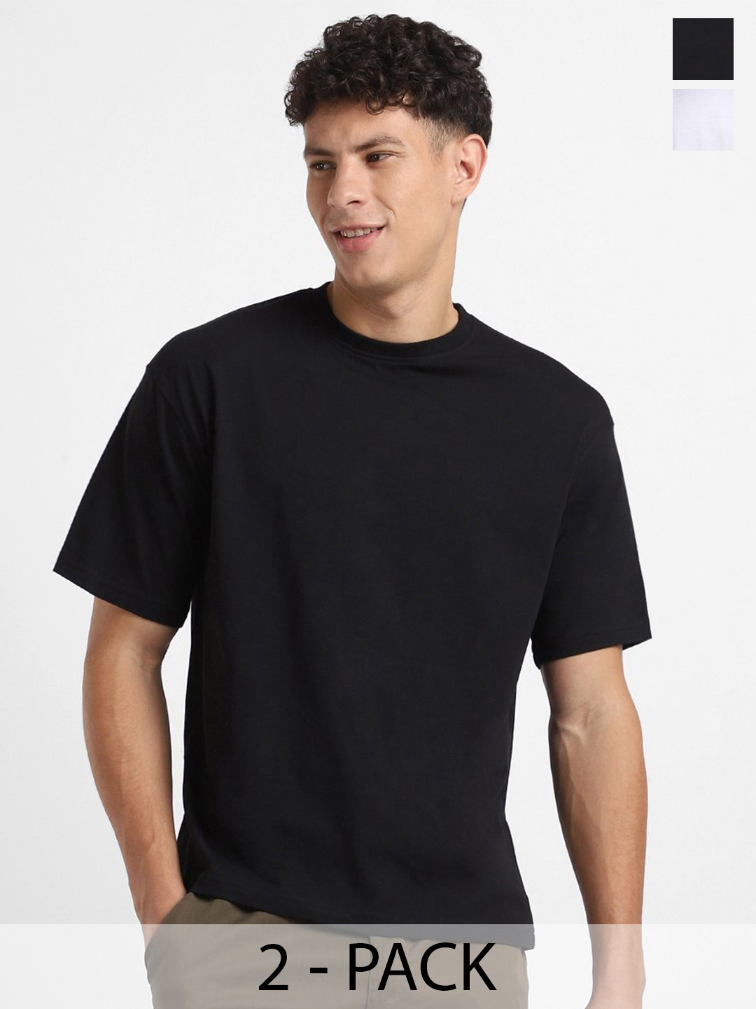 

NOBERO Men Pack of 2 Oversized Round Neck Solid Cotton T-shirt, White