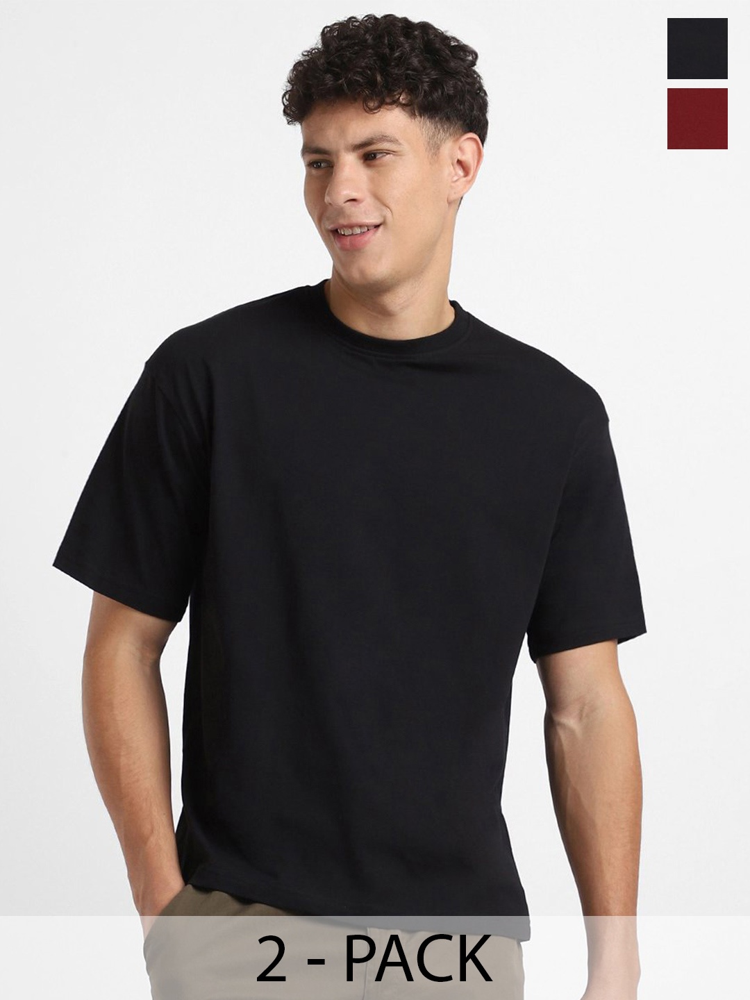 

NOBERO Men Pack of 2 Oversized Round Neck Solid Cotton T-shirt, Black