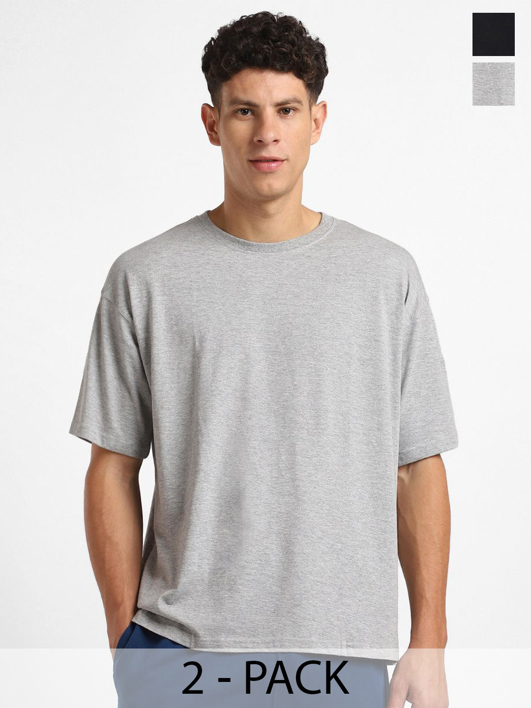

NOBERO Men Pack of 2 Oversized Round Neck Solid Cotton T-shirt, Grey melange