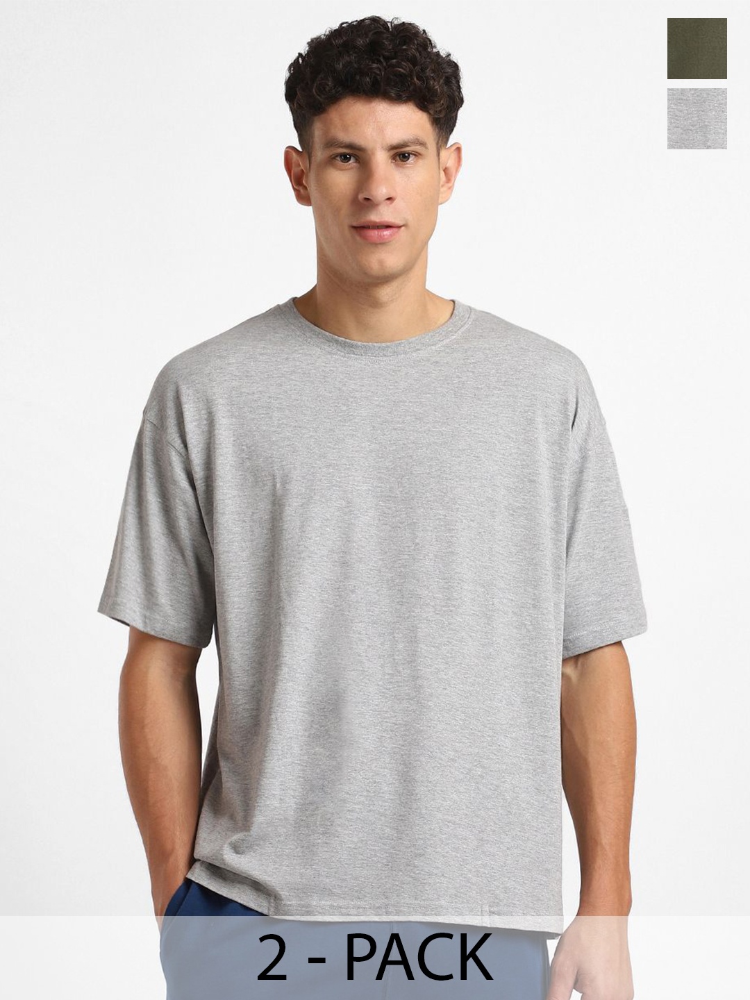 

NOBERO Men Pack of 2 Oversized Round Neck Solid Cotton T-shirt, Grey melange